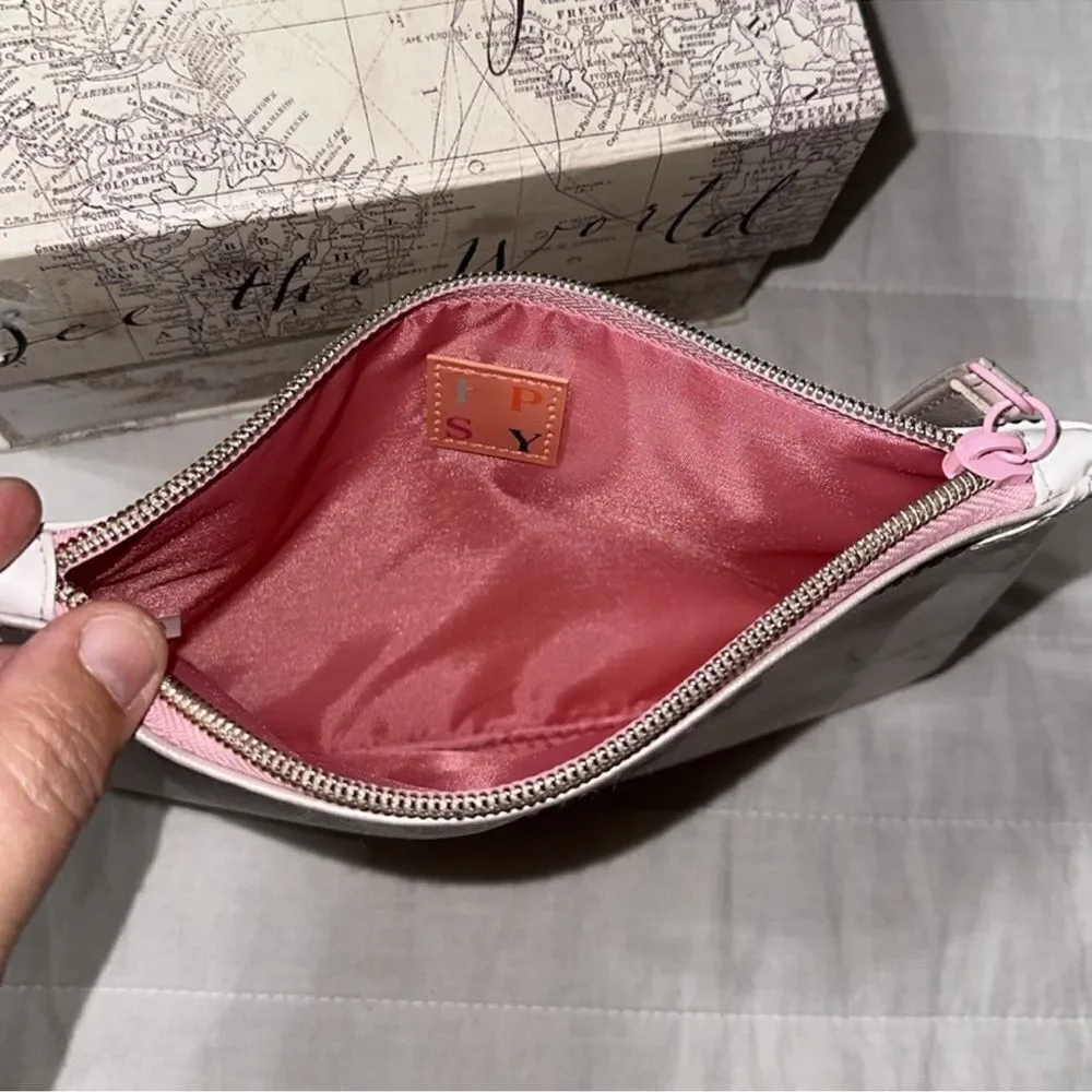 IPSY Pink Rose Gold Metallic White Gray Marble Faux Leather Makeup Cosmetic Bag